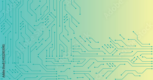 Abstract technology background. Green circuit lines and connected dots on gradient tech bg. Futuristic electronics concept. 