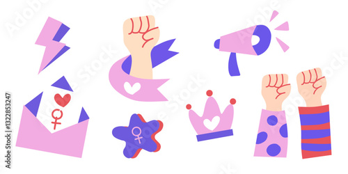 Set of happy international woman day doodles, girls hands solidarity cartoon elements, clip art for stickers, prints, cards, social media decor, scrapbooking, valentine. Vector illustration