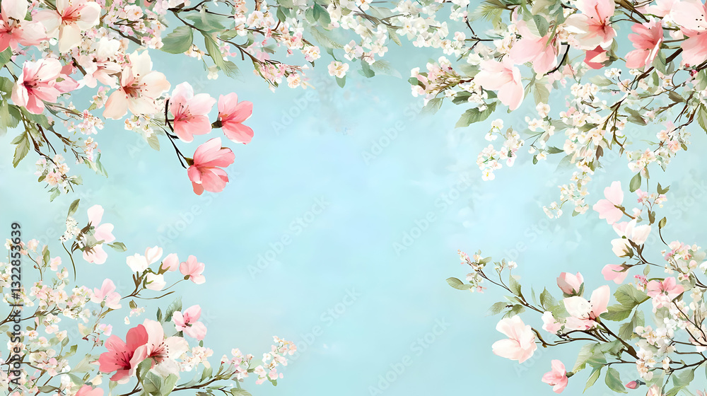 Fototapeta premium Elegant Floral Background with Soft Blue and Pink Petals and Leaves