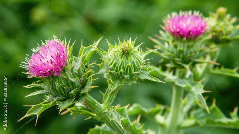 Close-Up View of Vibrant Green Milk Thistle Plants with Purple Flowers Close-Up View of Vibrant Green Milk Thistle Plants with Purple Flowers