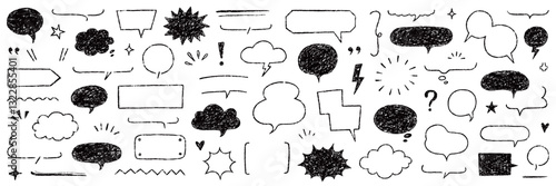 Speech bubble text frame dialog cloud hand drawn set. Crayon chalk doodle talk speech bubble frame. Hand drawn line chalk frame, think balloon, children doodle text cloud icon. Vector illustration.