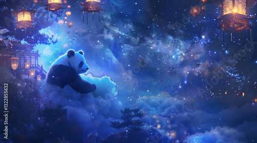 Panda sitting on a floating cloud under a starry sky