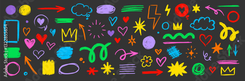 Line kid pencil color brush hand drawn chalk vector element set. Texture brush chalk stroke kid heart, star, arrow element hand drawn sketch scribble. Crayon pencil style. Vector illustration