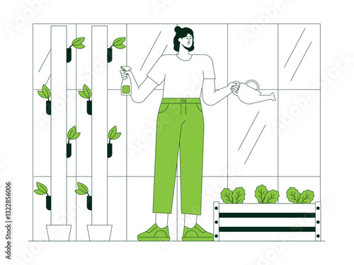 Woman is watering plants in an artificial garden. Urban Farming illustration. Flat vector illustration concept.
