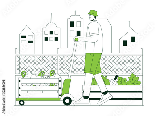 Young man pushing a cart full of pumpkins in a private garden on the roof of a house. Urban Farming illustration. Flat vector illustration concept.