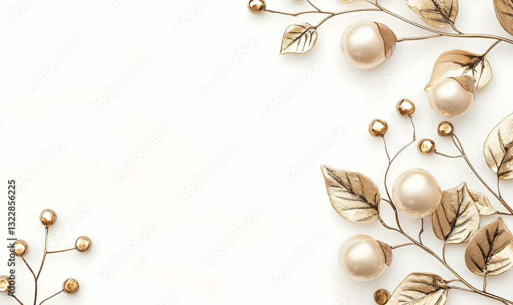 Fototapeta premium Elegant Gold Leaf and Pearl Arrangement on Soft Neutral Background