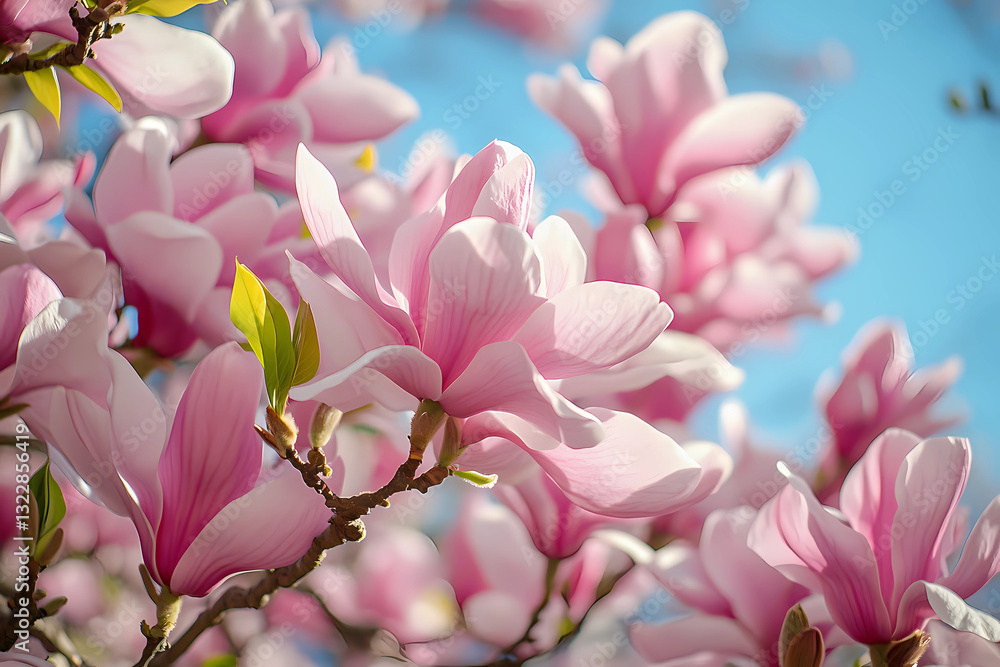 Obraz premium Enchanting spring garden showcasing magnificent magnolia trees in full, vibrant bloom amid lush natural greenery