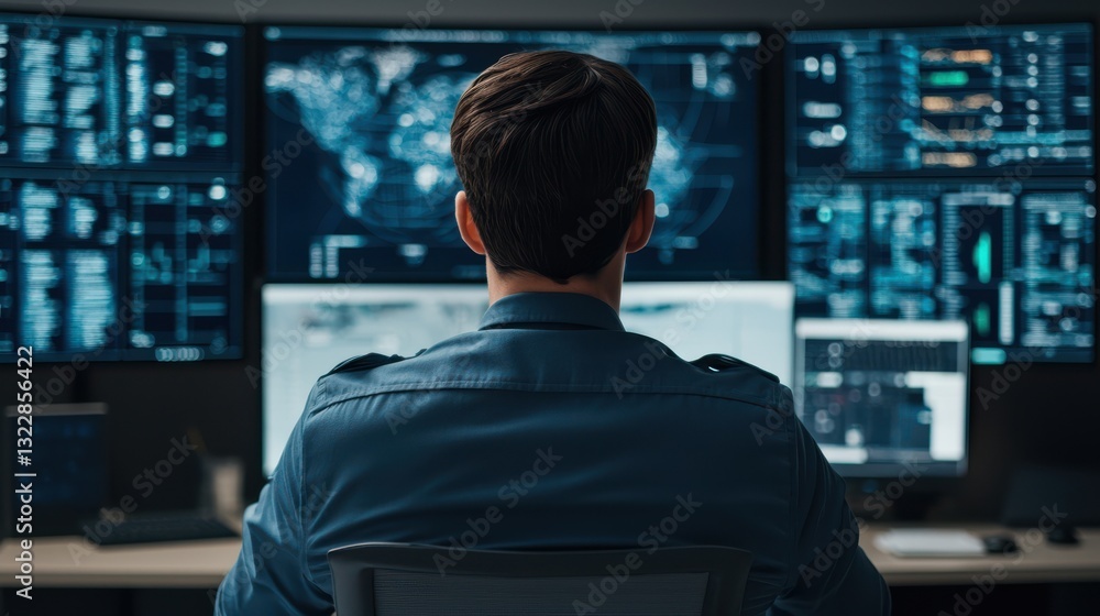 Data Engineer concept. Data Analyst Examining Complex Visualizations on Multiple Screens Data Engineer concept. Data Analyst Examining Complex Visualizations on Multiple Screens