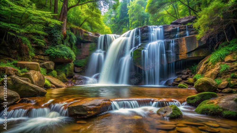 waterfall cascading down rocky terrain into serene forest stream, waterfall, tranquil scene waterfall cascading down rocky terrain into serene forest stream, waterfall, tranquil scene
