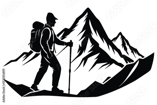 Mountain trekking person silhouette vector illustration isolated on a white background