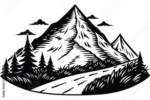 Mountain trekking person silhouette vector illustration isolated on a white background