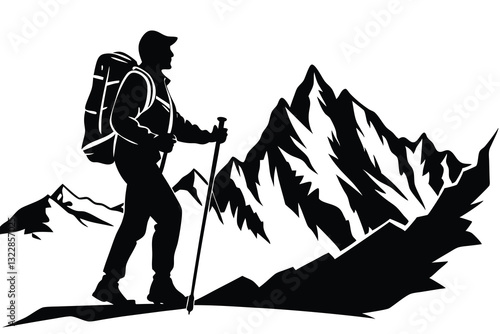 Mountain trekking person silhouette vector illustration isolated on a white background