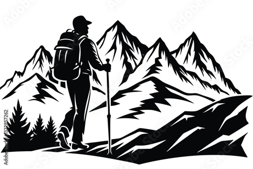 Mountain trekking person silhouette vector illustration isolated on a white background