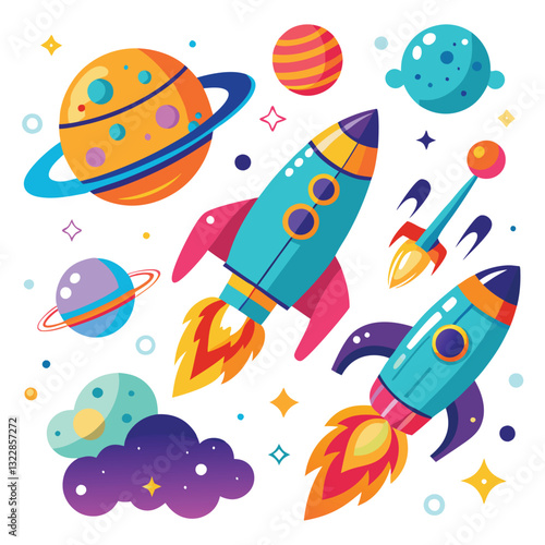 A cartoon rocket ship blasting off into space on a white background