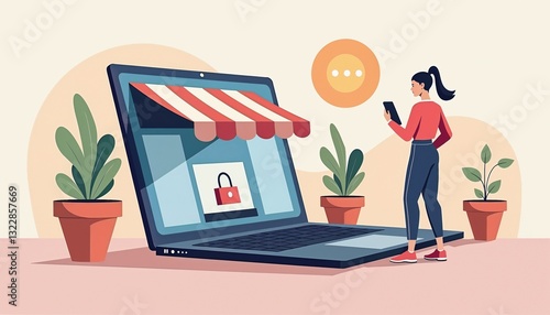 Modern e-commerce illustration featuring digital storefront on laptop with pastel color palette