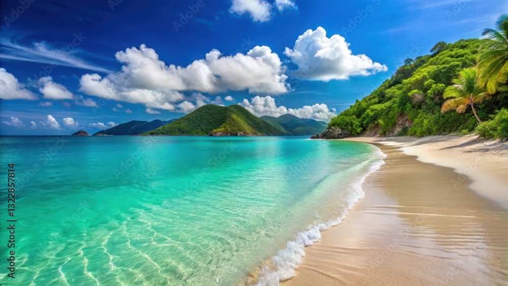 Obraz premium Pristine turquoise waters lap gently against the shore of a tranquil beach in Tortola