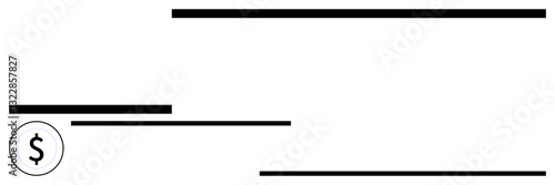 Simple graphic featuring a dollar sign in a circle alongside horizontal lines. Ideal for finance, banking, payments, budgeting, accounting, online transactions, wealth concepts. Flat simple metaphor