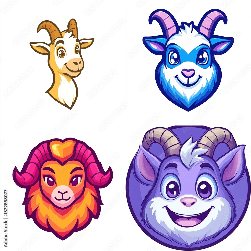 Fototapeta premium Four adorable goat and ram cartoon heads.