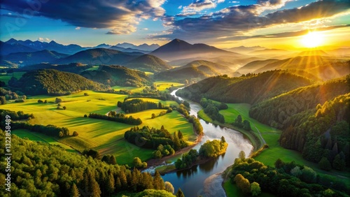 Aerial drone footage reveals a stunning, tranquil landscape; serene nature's beauty captured.
