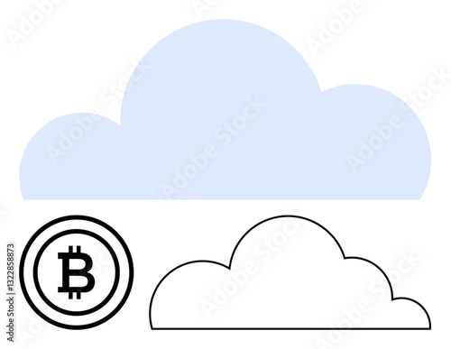 Large blue cloud, outlined cloud, and Bitcoin symbol representing cloud computing, cryptocurrency, and digital economy. Ideal for finance, blockchain, technology, decentralization innovation
