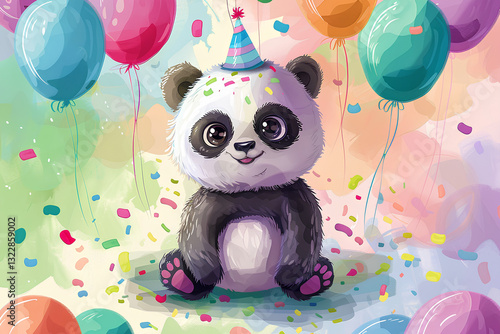 happily panda with colorful balloons and confetti