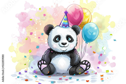 happily panda with colorful balloons and confetti