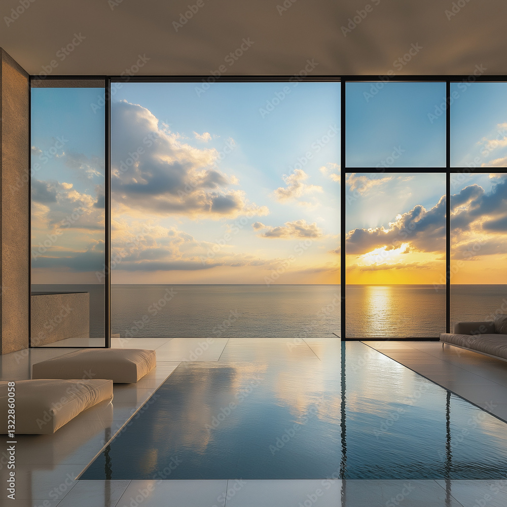 Fototapeta premium A large wall mirror reflecting a calm ocean view enhances serene spaces with timeless elegance