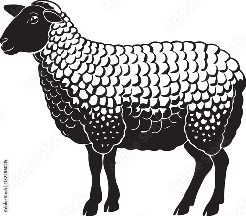 black and white sheep, illustration of a sheep in profile, facing left