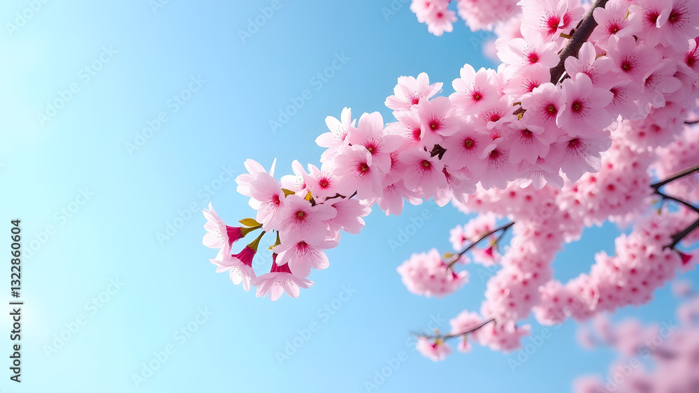 A vibrant cherry blossom tree blooms against a clear blue sky, showcasing delicate pink flowers. The scene evokes tranquility and the fleeting beauty of springtime. A vibrant cherry blossom tree blooms against a clear blue sky, showcasing delicate pink flowers. The scene evokes tranquility and the fleeting beauty of springtime.