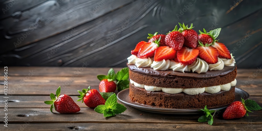 Moist chocolate cake with sliced strawberries and whipped cream sitting atop a dark grey wooden table amidst lush greenery , food, sweet treat Moist chocolate cake with sliced strawberries and whipped cream sitting atop a dark grey wooden table amidst lush greenery , food, sweet treat