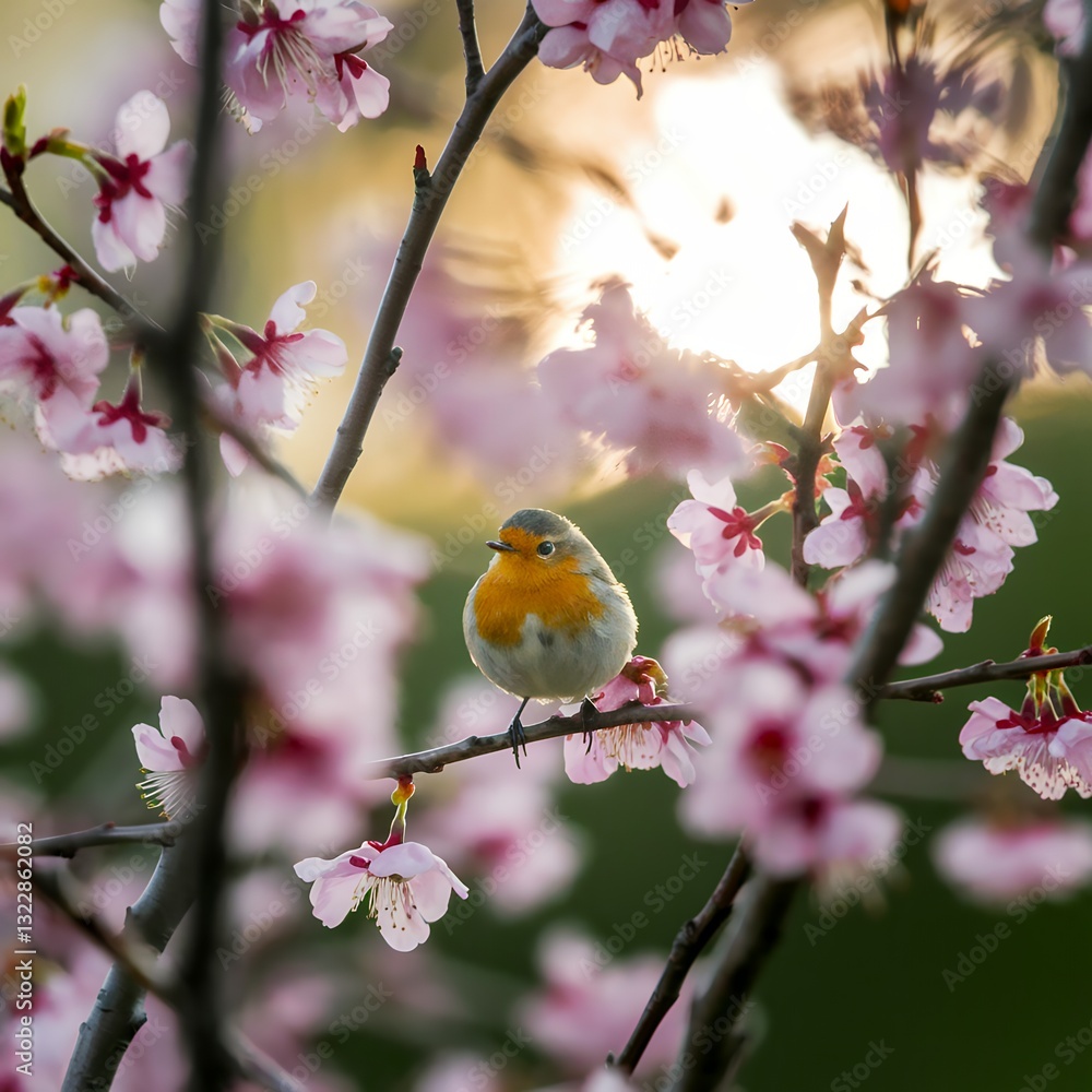 Bird Perched Among Pink Blossoms in Golden Light Bird Perched Among Pink Blossoms in Golden Light