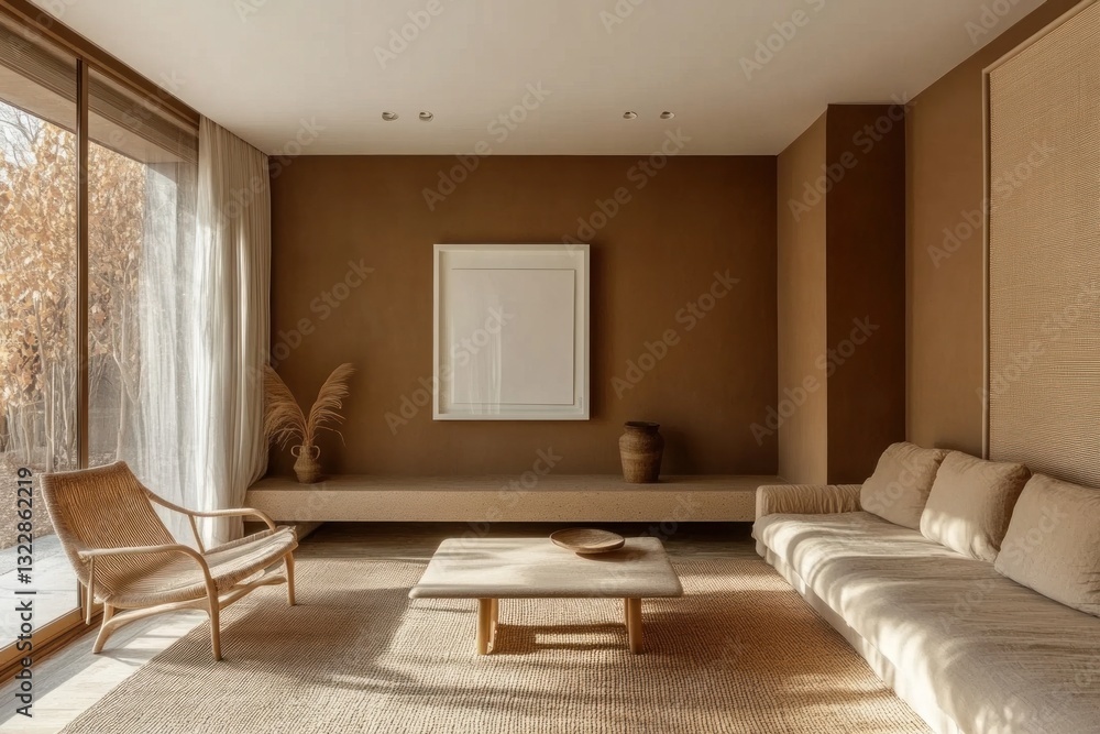 Fototapeta premium Minimalist living room with beige sofa, armchair, and large framed artwork.