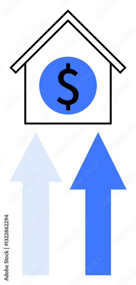 House outline with dollar sign inside and upward blue arrows indicating growth. Ideal for real estate, property investment, market trends, finance, business strategy, wealth building, flat simple House outline with dollar sign inside and upward blue arrows indicating growth. Ideal for real estate, property investment, market trends, finance, business strategy, wealth building, flat simple