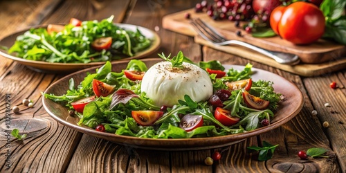 Wallpaper Mural Fresh Italian salad with creamy burrata cheese and mozzarella on a rustic wooden table, surrounded by greenery, rustic table, garden backdrop Torontodigital.ca