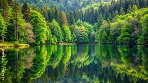 A serene still lake with a perfectly reflected image of a lush green forest in the background, surrounded by tall trees and vibrant foliage , forest, still