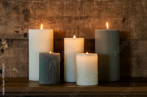 Soothing glow of candles against rustic wooden backdrop photo