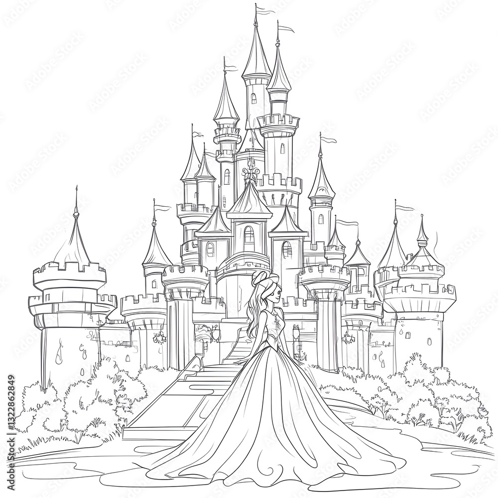 Princess with a castle Coloring Book page Illustration for Kids, outline drawing of a princess castle.
Princess with a castle Coloring Book page Illustration for Kids, outline drawing of a princess castle.
