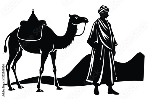 Silhouette of muslim man walks leading a tied camel black color only