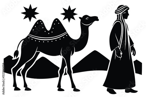 Silhouette of muslim man walks leading a tied camel black color only