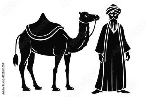 Silhouette of muslim man walks leading a tied camel black color only