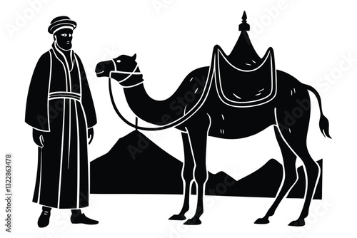Arab man walking with camel vector silhouette illustration
