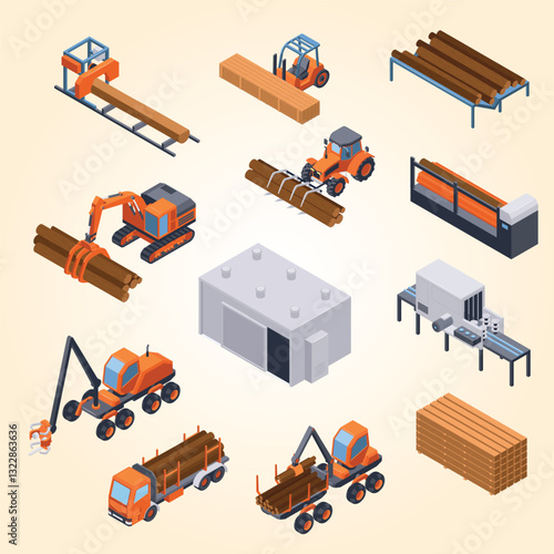 Isometric sawmill industry and labmerjack factory equipment isolated vector illustration