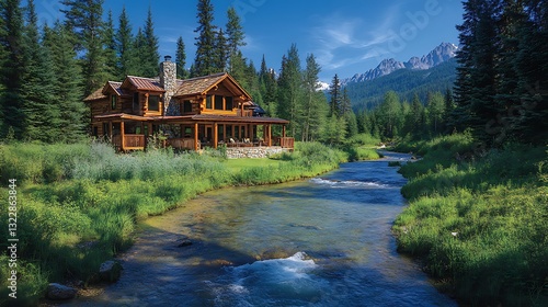 Log cabin by river, mountains, and forest