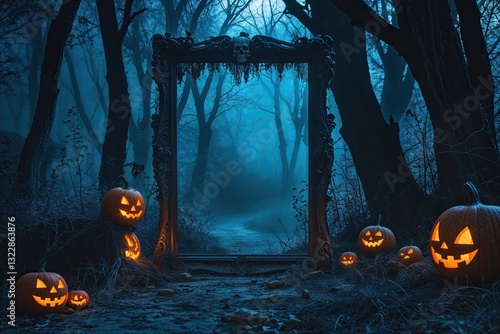 Eerie Halloween Frame with Creepy Blue View and Dim Shadows