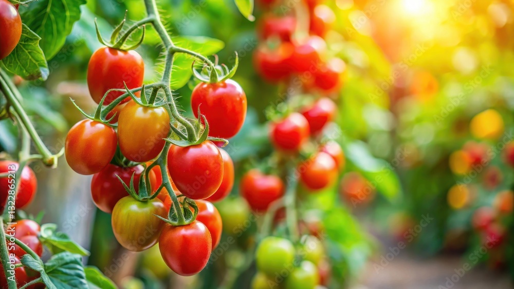 Vibrant red cherry tomatoes ripening on a vine, vegetables, garden, vegetables, garden, ripe Vibrant red cherry tomatoes ripening on a vine, vegetables, garden, vegetables, garden, ripe