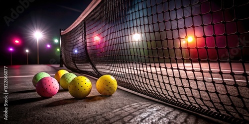Low Light Pickleball Night Game, Illuminated Net, Colorful Balls, Sports Photography, Nighttime Pickleball Action