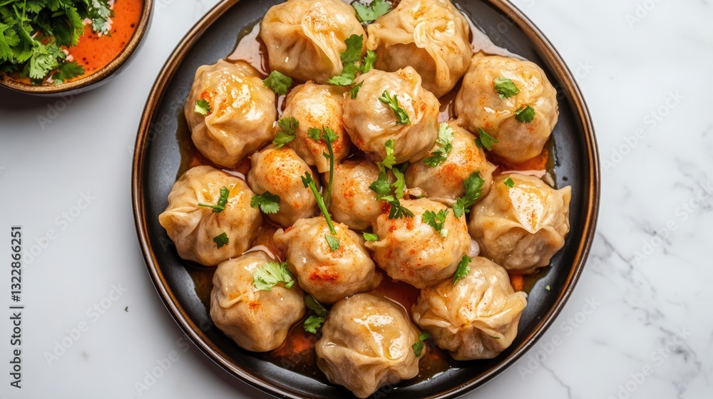 Delicious Dumplings with Cilantro and Spicy Sauce Delicious Dumplings with Cilantro and Spicy Sauce