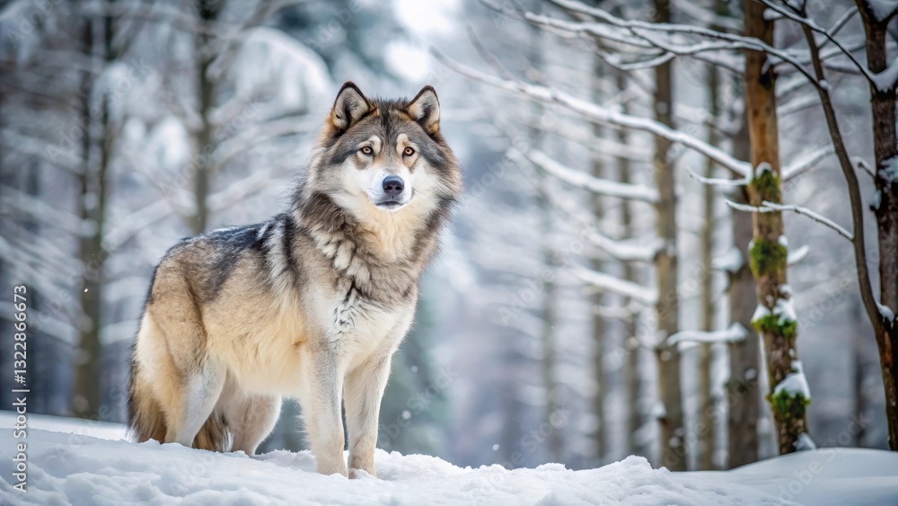 Fototapeta premium A majestic timber wolf stands alone in the snow-covered forest, its fur a thick coat of white and gray, blending seamlessly into the winter landscape , forestlife, forest