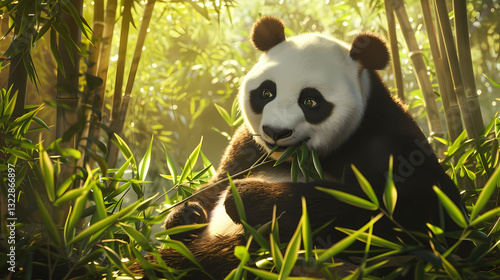 panda sitting peacefully in a lush green bamboo forest