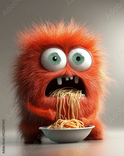 Cute furry monster with big eyes eating spaghetti from a white bowl in a playful and whimsical setting